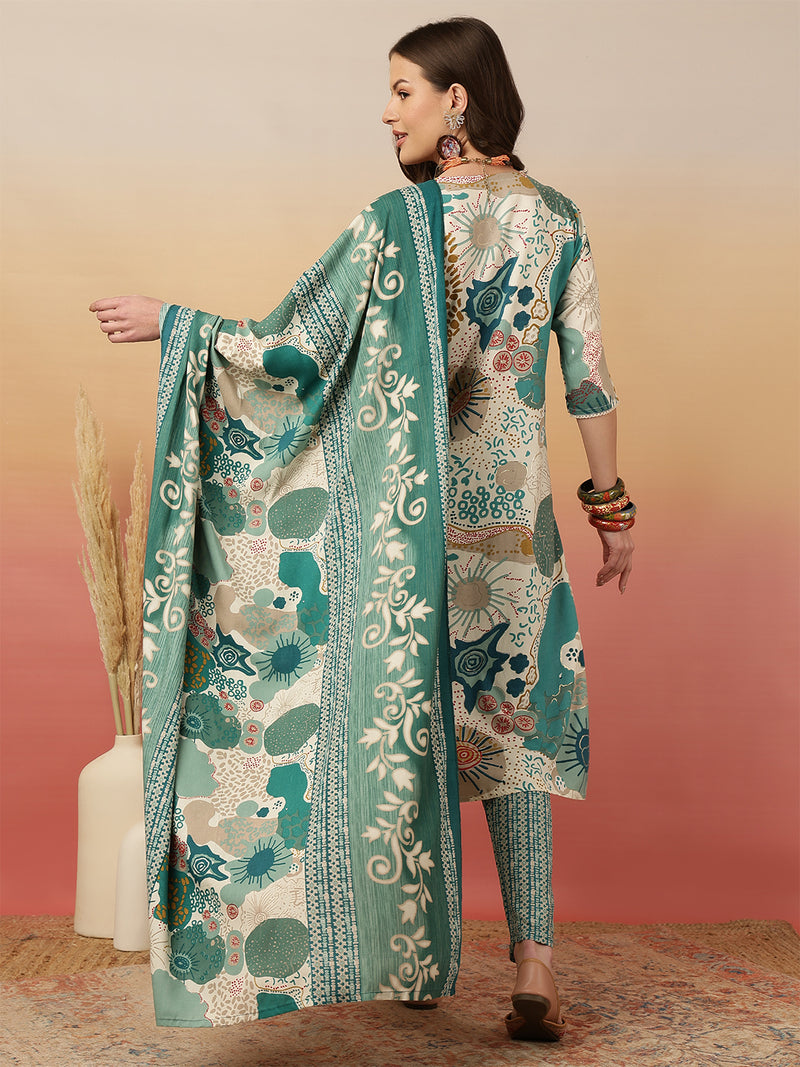 Women Blue Digital Printed Kurta With Trouser & Dupatta