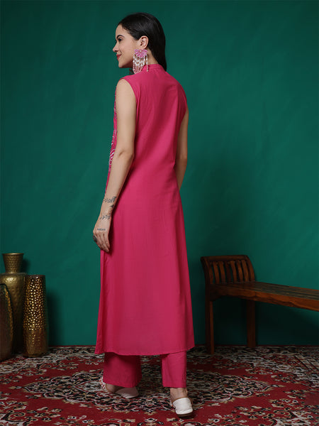 Women Pink Pure Cotton Embroidery Kurta with attached sleeves and Palazzo Set