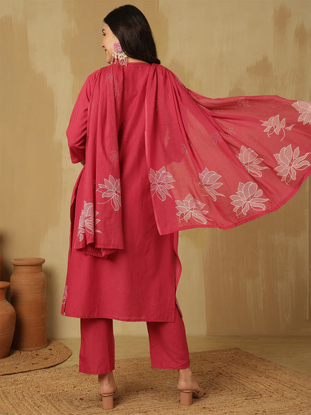 Women Cotton Discharge Printed A-line Kurta with Trouser & Dupatta