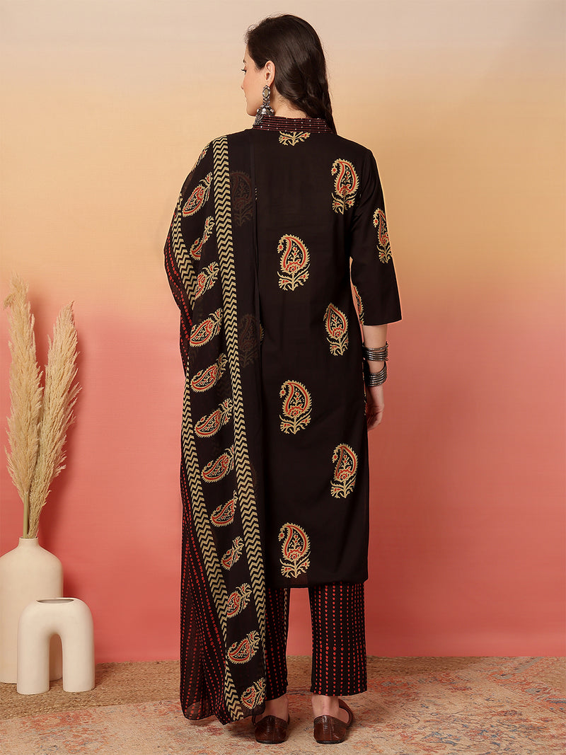 Women Brown Cotton Printed V-neck Straight Kurta with Trouser & Dupatta