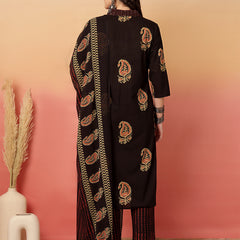 Women Brown Cotton Printed V-neck Straight Kurta with Trouser & Dupatta