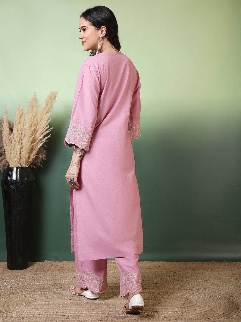 Women Cotton Flex Pink Kurta with Embroidery Sleeves and Trouser Set