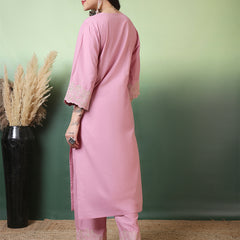 Women Cotton Flex Pink Kurta with Embroidery Sleeves and Trouser Set