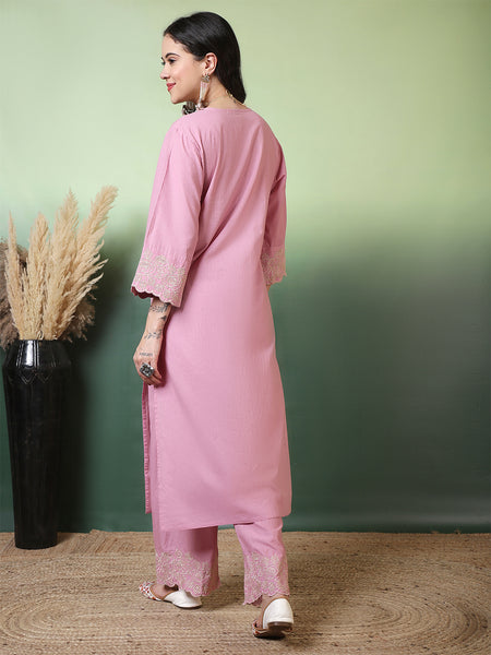 Women Cotton Flex Pink Kurta with Embroidery Sleeves and Trouser Set