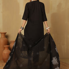 Women Black Cotton Discharge Printed A-Line Kurta With Trouser & Dupatta