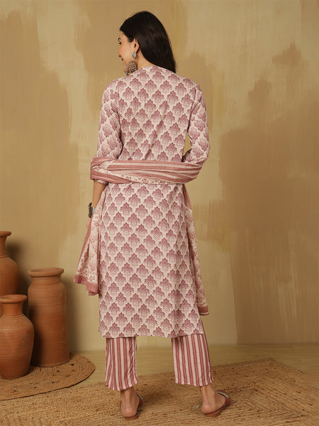 Women Pink Block Printed Kurta With Trouser & Dupatta