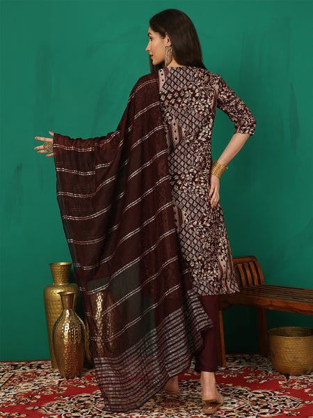 Women Brown Yoke Embroidery Kurta with Trouser & Dupatta