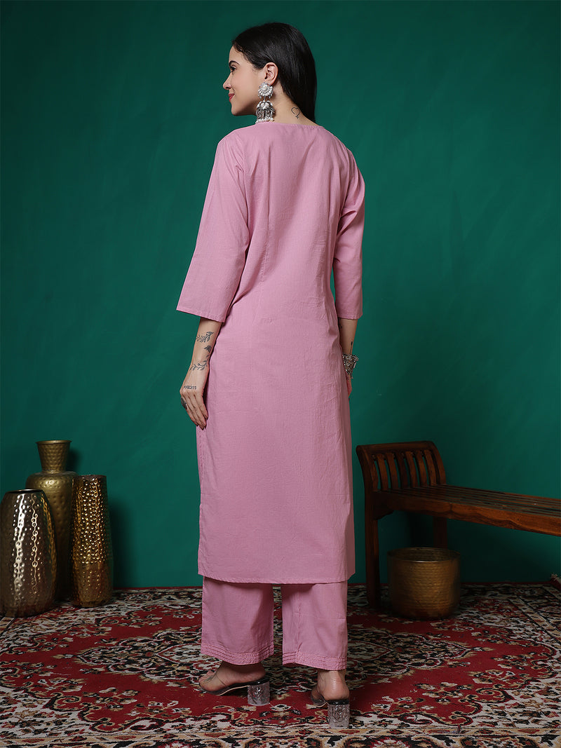 Women Lavender Cotton Flex Pocket Embroidery Kurta with Trouser Set