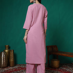 Women Lavender Cotton Flex Pocket Embroidery Kurta with Trouser Set
