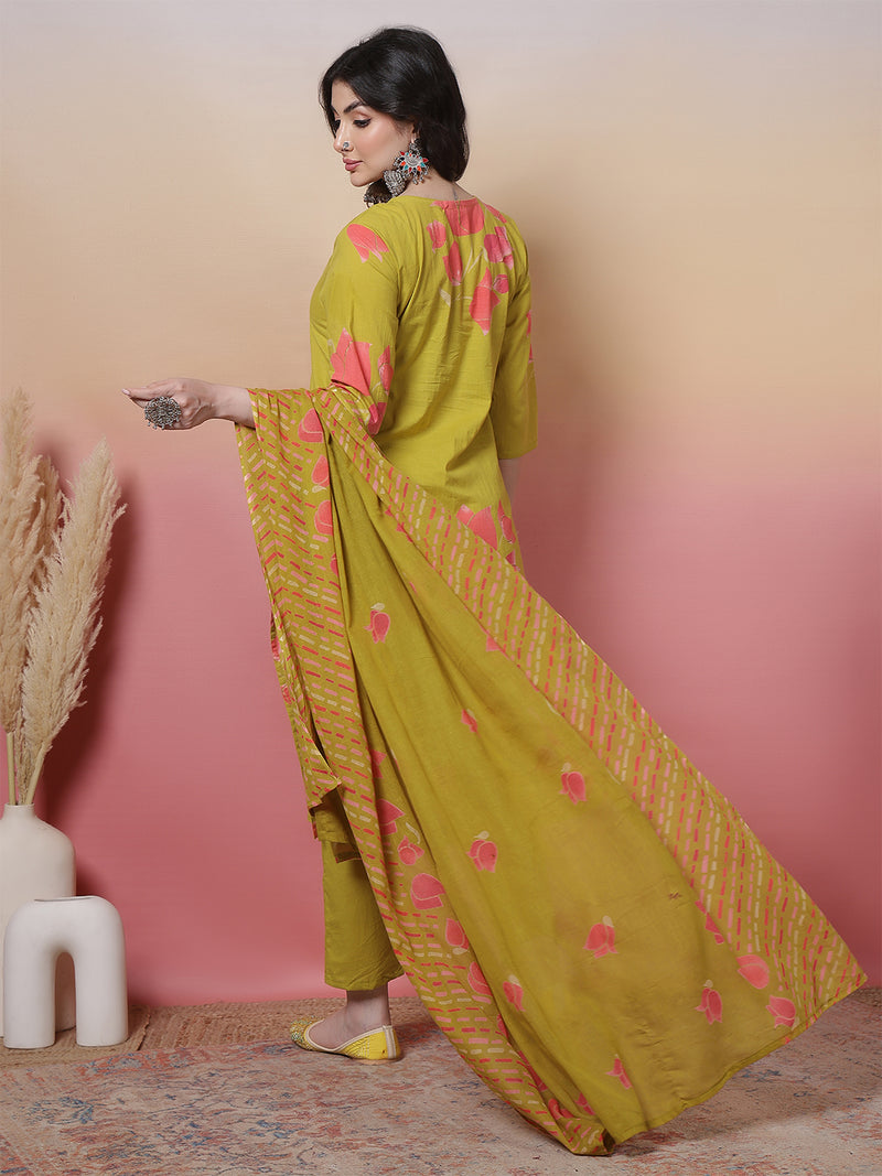 Women Coral Cotton Placement Printed Hand Work Kurta with Trouser & Dupatta