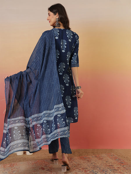 Women Blue Cotton Yoke Design Kurta With Trouser & Dupatta