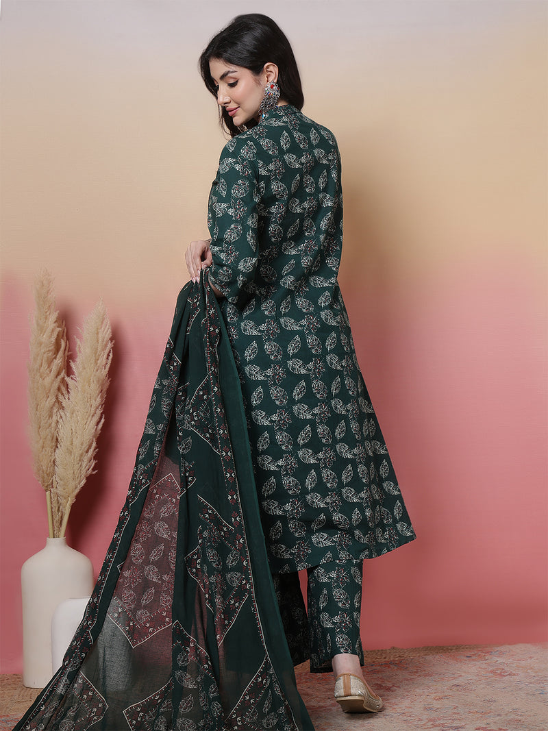 Women Green Floral Printed Hand Work Anarkali Kurta with Trouser & Dupatta