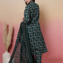 Women Green Floral Printed Hand Work Anarkali Kurta with Trouser & Dupatta
