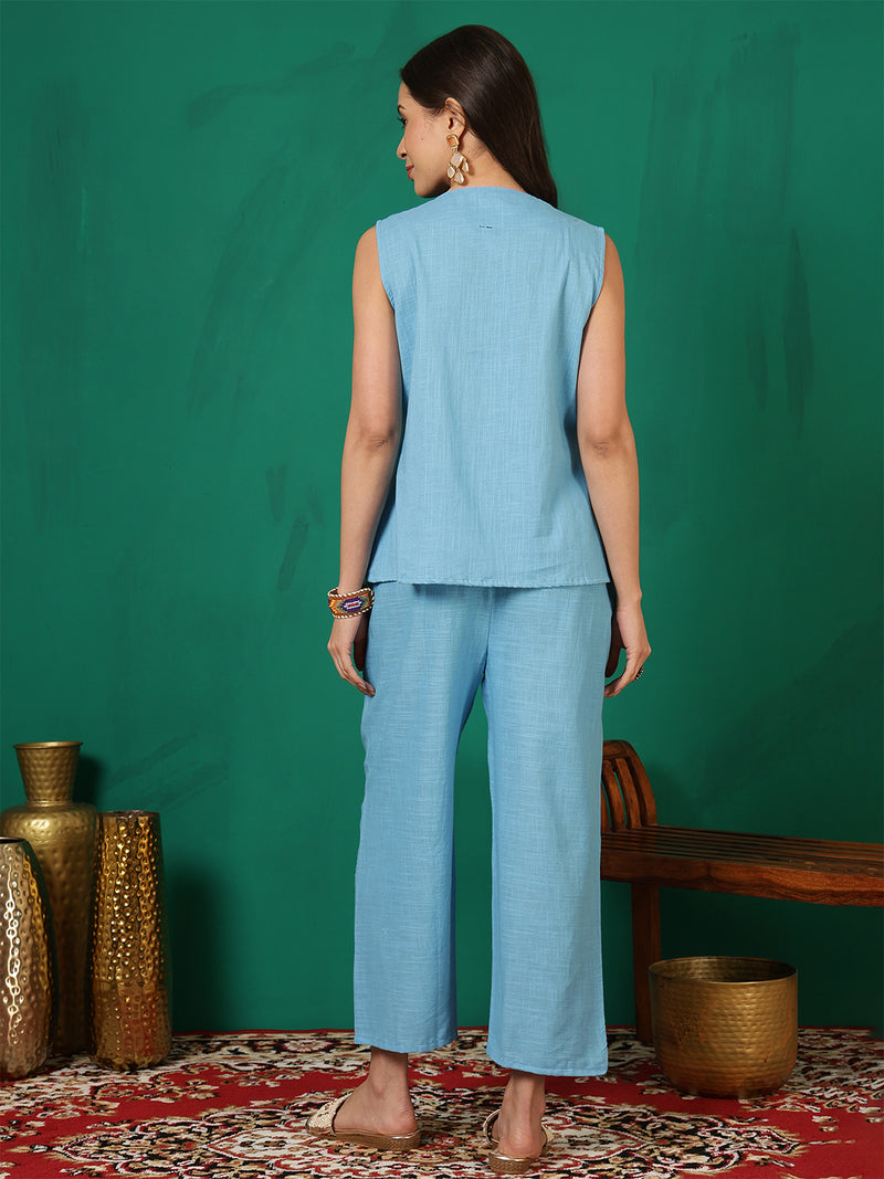 Women Cotton Aqua Blue Embroidery Top with Trouser Co-ord Set