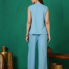 Women Cotton Aqua Blue Embroidery Top with Trouser Co-ord Set