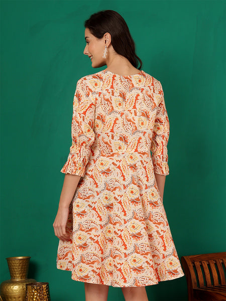 ANAISA Women Orange Pasley Printed Cotton , Round Neck, Knee Length Short Summer Dress