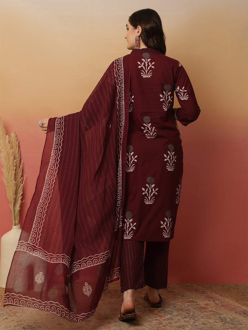 Women Maroon Cotton Printed V-neck Kurta with trouser & Dupatta