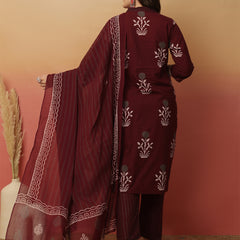 Women Maroon Cotton Printed V-neck Kurta with trouser & Dupatta