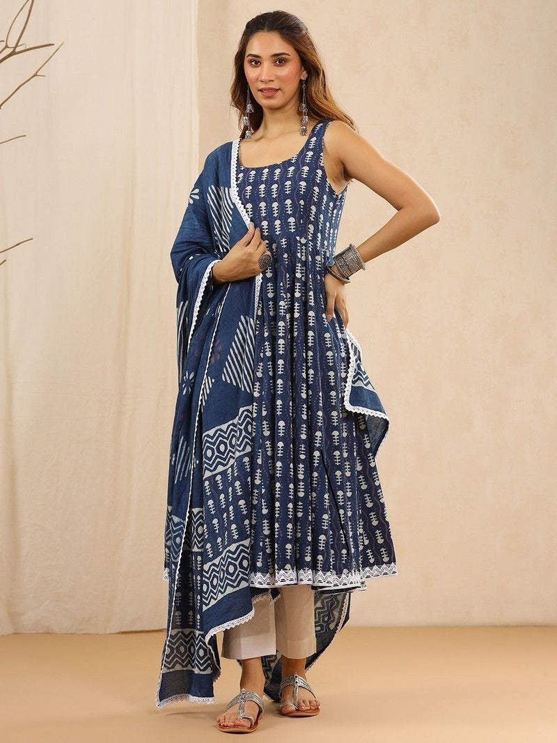 Women Indigo Blue Printed Anarkali Kurta with trousers & Dupatta