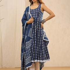 Women Indigo Blue Printed Anarkali Kurta with trousers & Dupatta