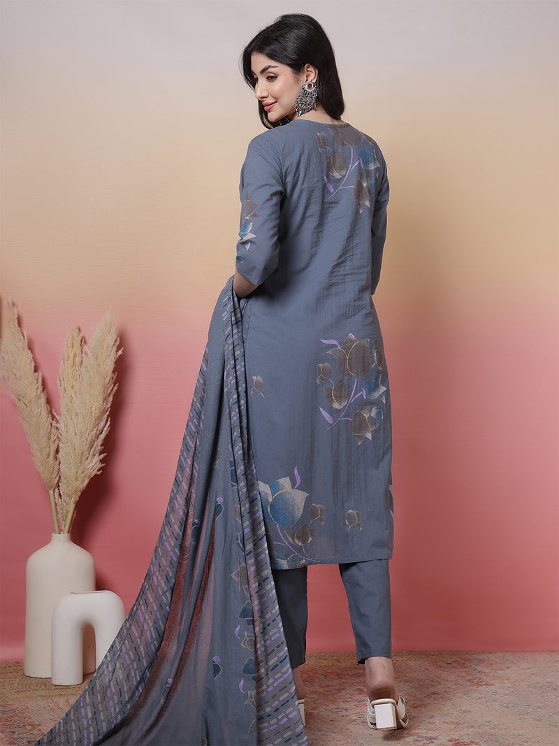 Women Coral Cotton Placement Printed Hand Work Kurta with Trouser & Dupatta