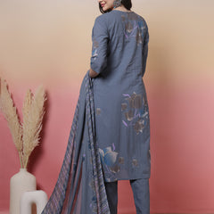 Women Coral Cotton Placement Printed Hand Work Kurta with Trouser & Dupatta