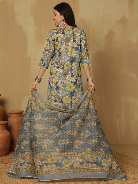 Women Viscose Rayon Blue Floral Printed Kurta with Trouser & Dupatta