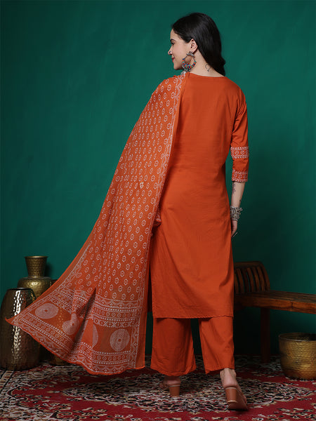 Women Cotton Bandhani Printed Kurta with Trouser & Dupatta