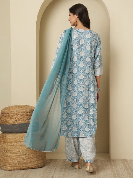Women Blue Viscose Rayon Printed Round Neck Kurta with Trouser & Dupatta