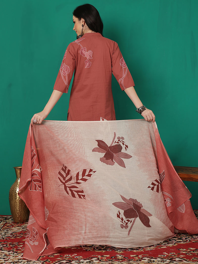 ANAISA Women Cotton Placement Print Straight Kurta with Trouser & Dupatta
