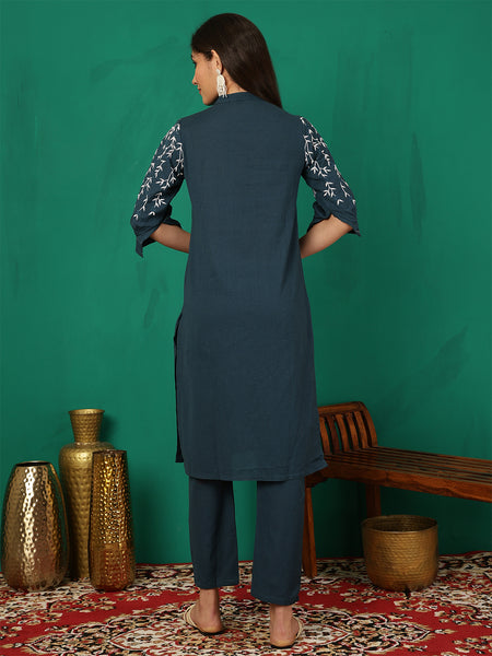 Women Navy Blue Solid Embroidery Cotton Flex Kurta with Trouser