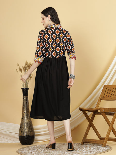 Women Black Block Printed A_line Calf Length Designer Ethnic Dress