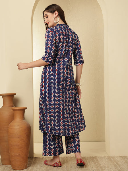 Blue Cotton Checks Printed A-line Kurta with Trouser