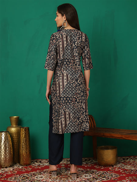 Women Navy Blue Foil Printed Kurta With Trouser