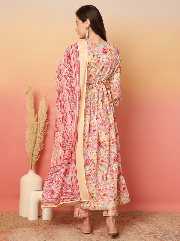 ANAISA Women Cotton Pink Color Printed Lace Work V-neck Anarkali Kurta with Pant & Dupatta