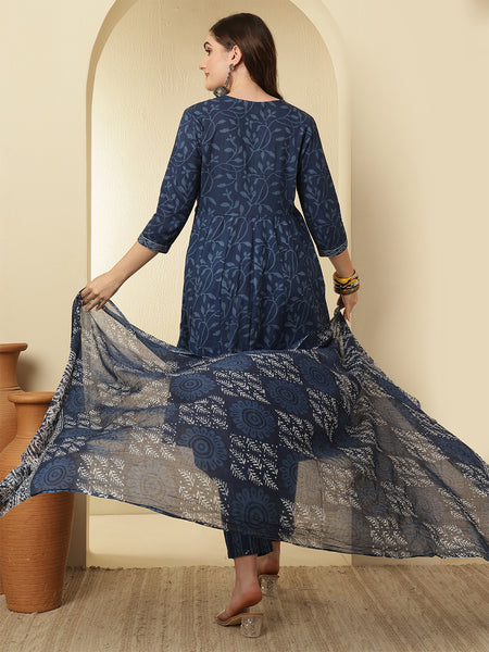 Women Cotton Indigo Printed Angrakha Anarkali Kurta with Trouser & Dupatta