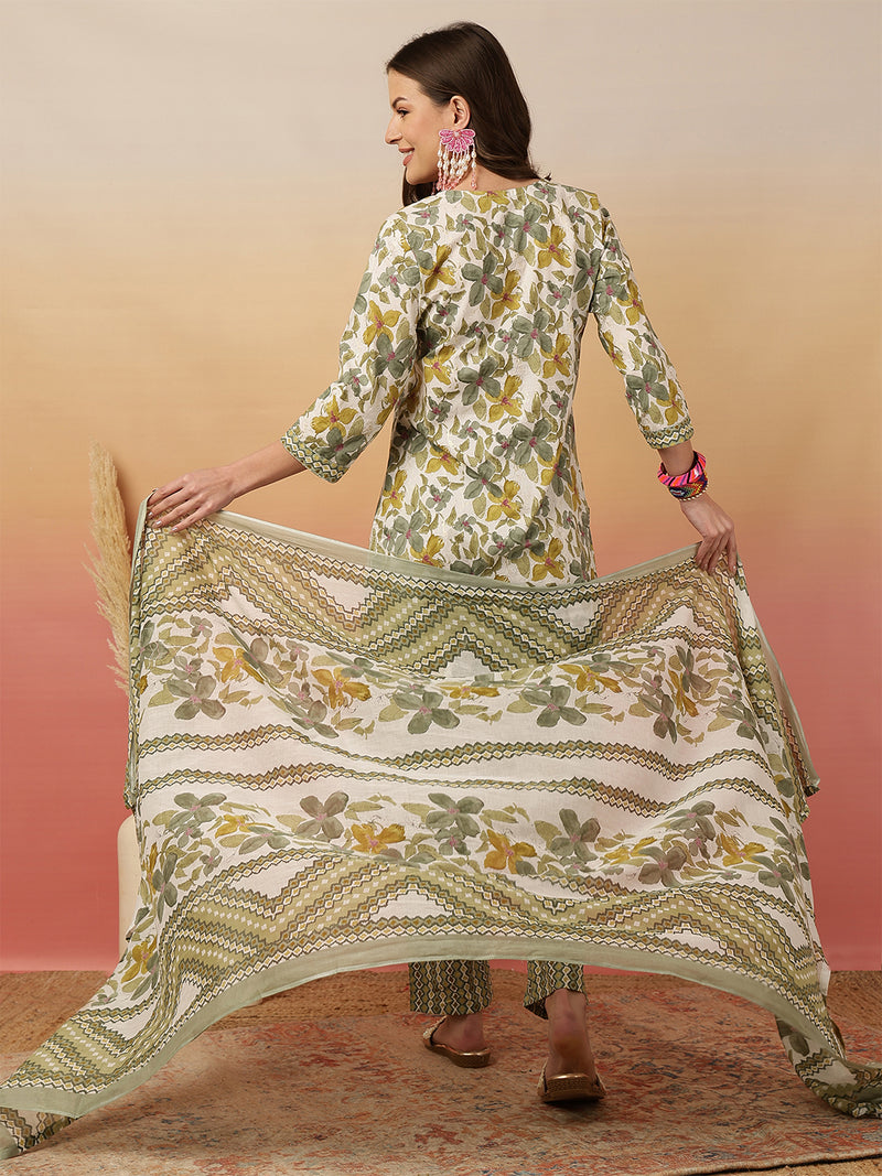 Women Olive Green Printed Yoke Embroidery Kurta with Trouser & Dupatta