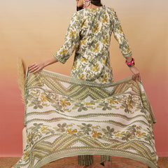 Women Olive Green Printed Yoke Embroidery Kurta with Trouser & Dupatta