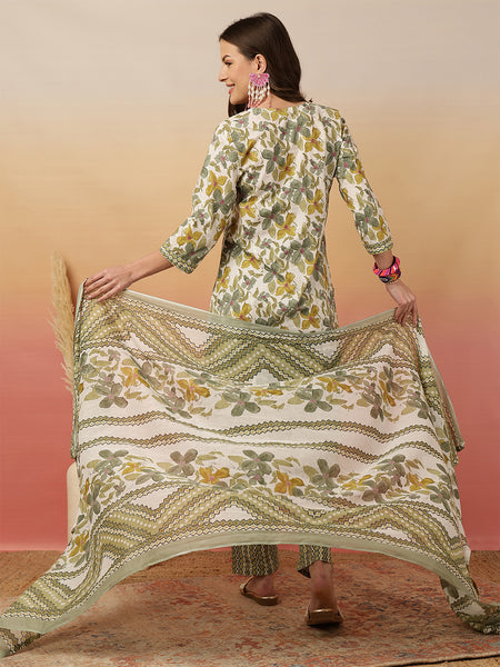 Women Olive Green Printed Yoke Embroidery Kurta with Trouser & Dupatta