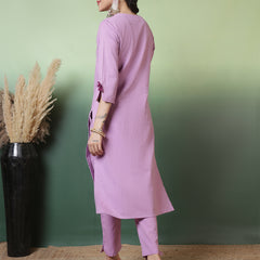 Women Lavender Cotton Flex Hand Work Kurta with Trouser Set