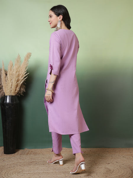 Women Lavender Cotton Flex Hand Work Kurta with Trouser Set