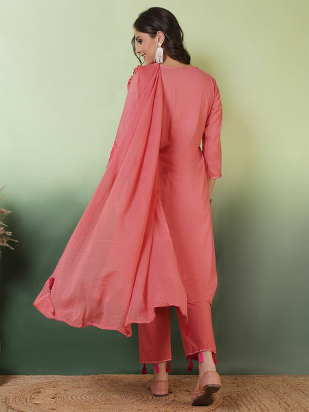 Women Peach Cotton Solid Mirror Work Kurta with Trouser & Dupatta