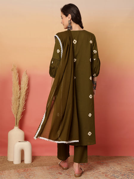 Women Cotton Olive Green Embroidery Anarkali Kurta with Trouser & Dupatta