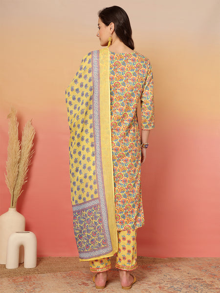 ANAISA Women Mustard Cotton Printed Round Neck, Calf Length, 3/4 Sleeves, Straight Kurta with Pant & Dupatta