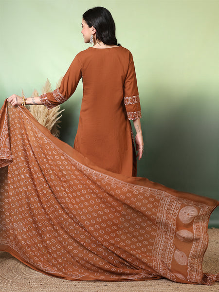 Women Brown Cotton Bandhani Printed Kurta with Trouser & Dupatta
