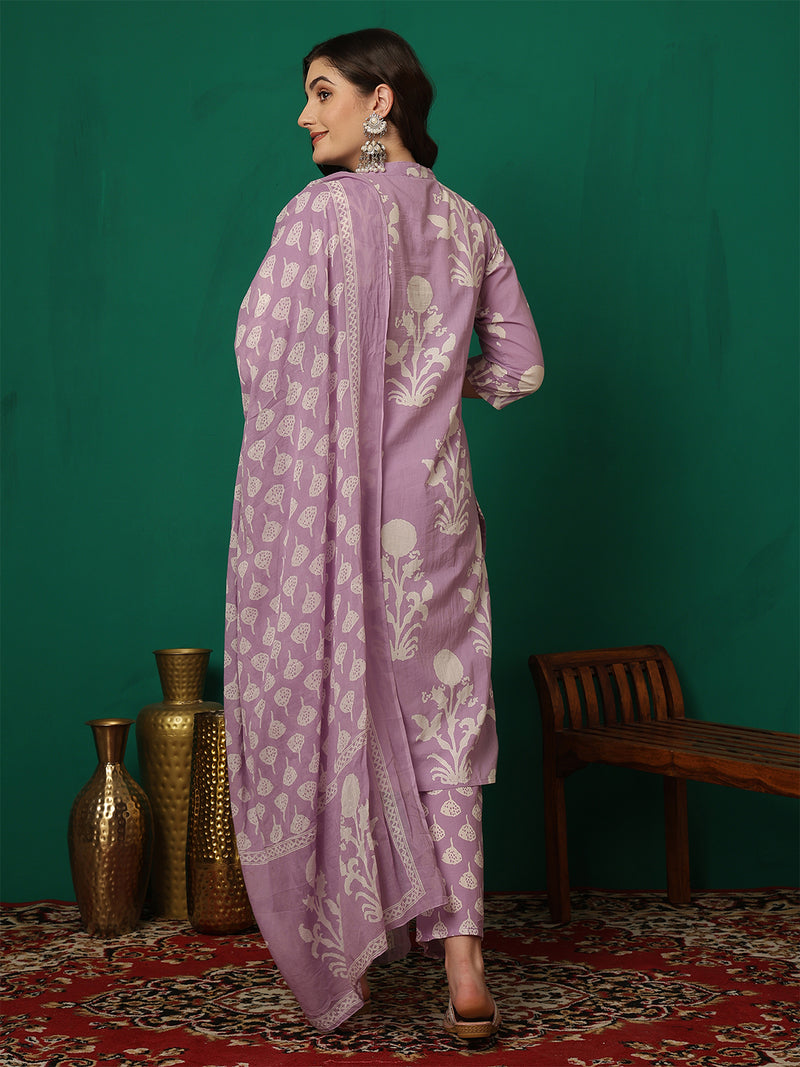 Women Purple Cotton Printed Straight Kurta with Trouser & Dupatta