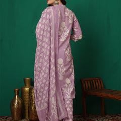 Women Purple Cotton Printed Straight Kurta with Trouser & Dupatta