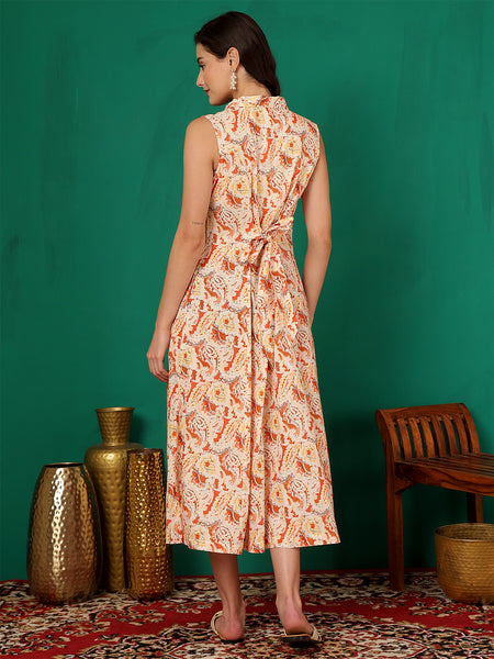 ANAISA Women Printed Cotton Sleeveless, Collar Neck, Calf Length Midi Summer Dress
