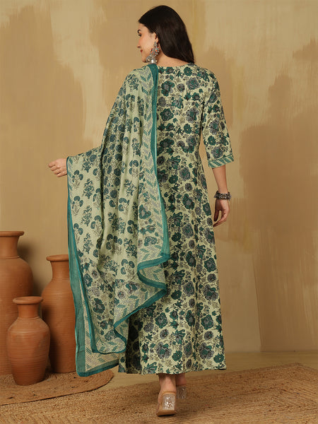 Women Green Printed Anarkali Kurta With Pant & Dupatta