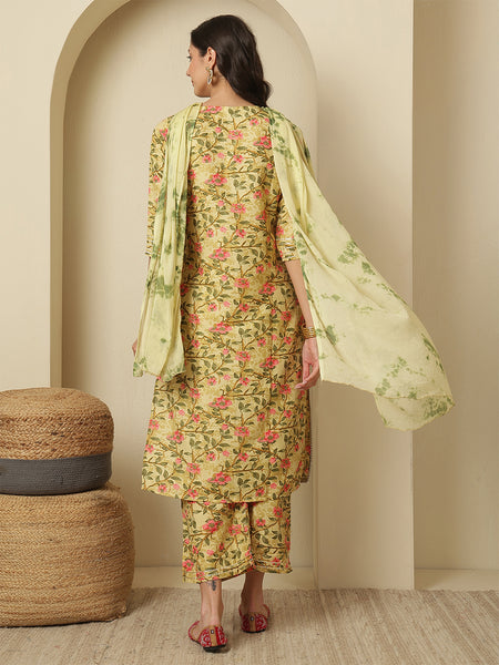 Viscose Rayon Yellow Printed, Round Neck Kurta with Trouser & Dupatta